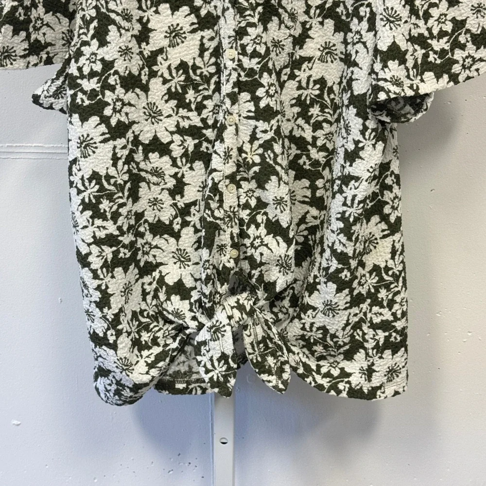 LOFT Olive Green White Floral Textured Tie Front Puff Sleeve Blouse XXL Boxy